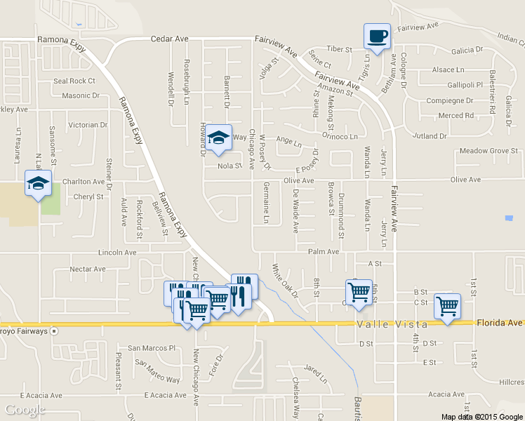 map of restaurants, bars, coffee shops, grocery stores, and more near 25353 Germaine Lane in Hemet