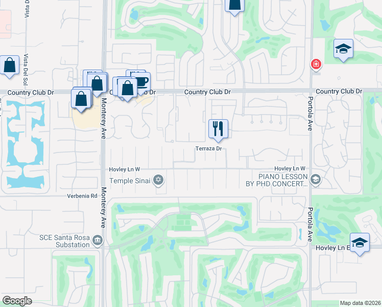 map of restaurants, bars, coffee shops, grocery stores, and more near 40621 Terraza Drive in Palm Desert