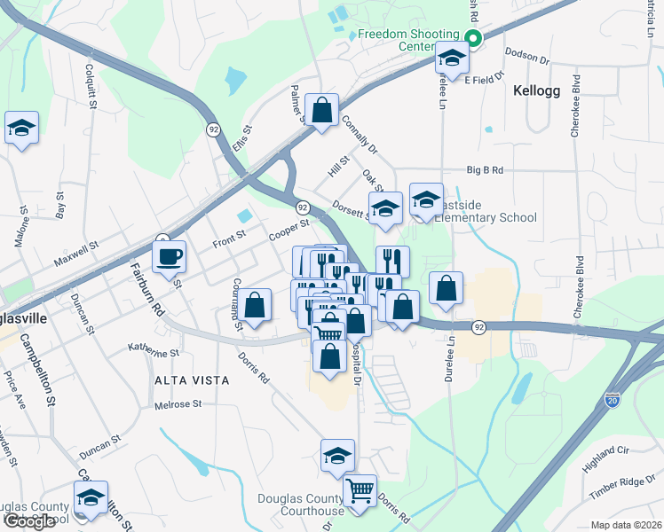 map of restaurants, bars, coffee shops, grocery stores, and more near 8327 Office Park Drive in Douglasville