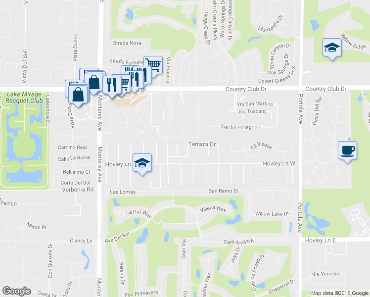 map of restaurants, bars, coffee shops, grocery stores, and more near 40621 Terraza Dr in Palm Desert