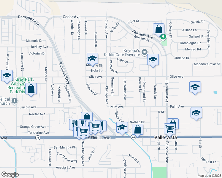 map of restaurants, bars, coffee shops, grocery stores, and more near 25353 Germaine Lane in Hemet