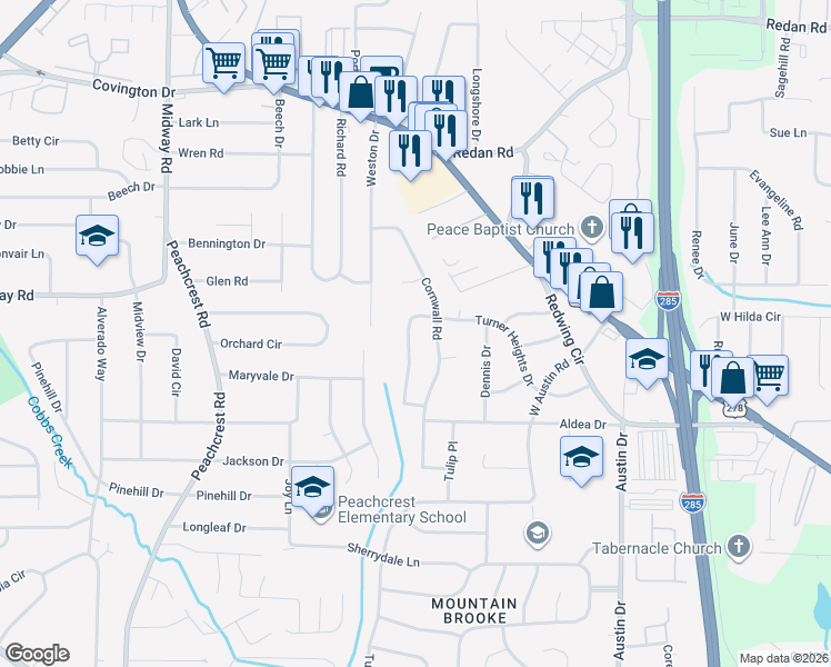 map of restaurants, bars, coffee shops, grocery stores, and more near 1385 Cornwall Road in Decatur