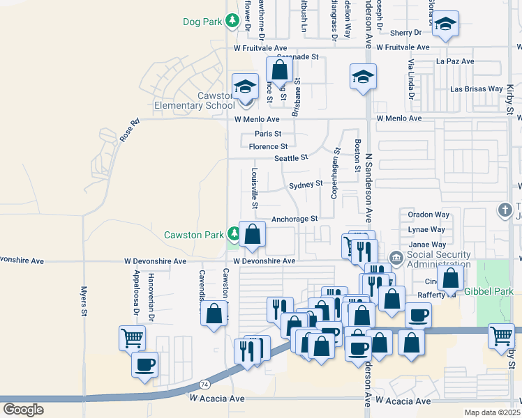 map of restaurants, bars, coffee shops, grocery stores, and more near 3905 Tulsa Court in Hemet
