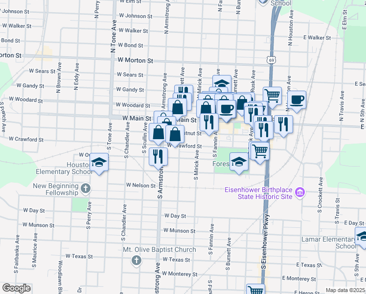 map of restaurants, bars, coffee shops, grocery stores, and more near 310 South Barrett Avenue in Denison