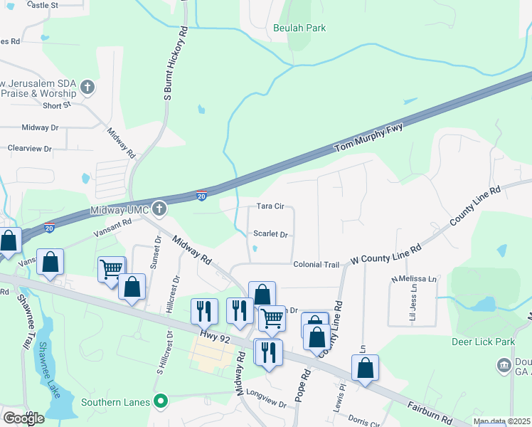 map of restaurants, bars, coffee shops, grocery stores, and more near 1847 Tara Circle in Douglasville