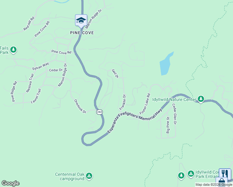 map of restaurants, bars, coffee shops, grocery stores, and more near 25361 Skyline Way in Idyllwild-Pine Cove