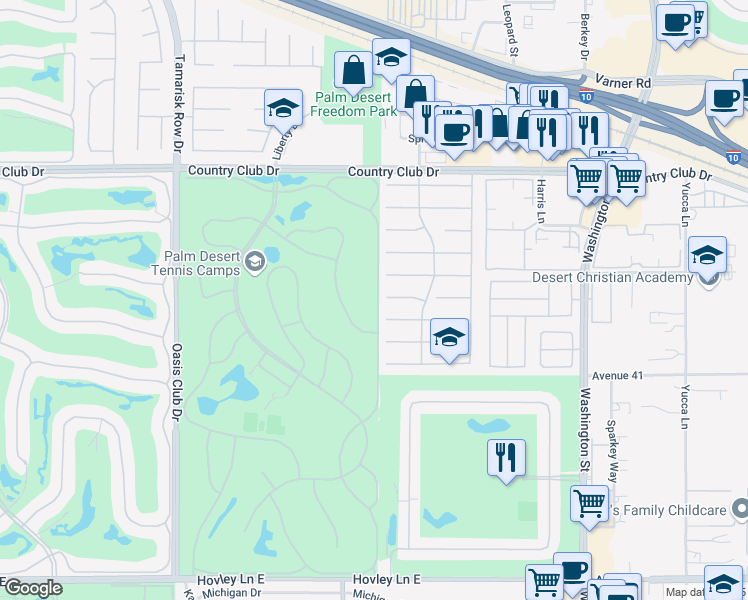 map of restaurants, bars, coffee shops, grocery stores, and more near 40747 Preston Trail in Palm Desert