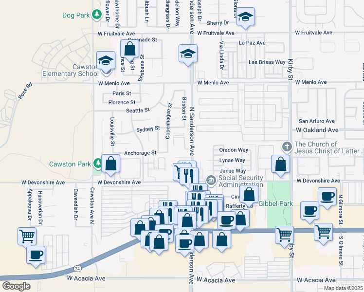 map of restaurants, bars, coffee shops, grocery stores, and more near 411 North Sanderson Avenue in Hemet