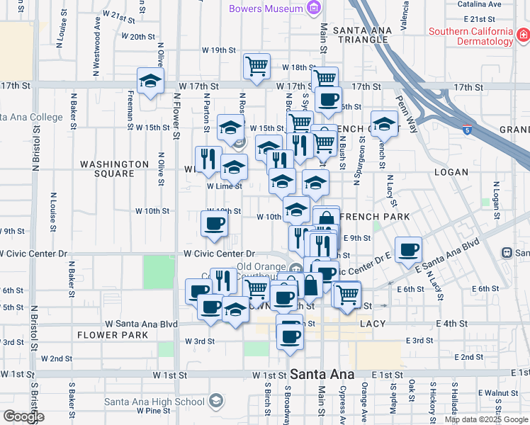 map of restaurants, bars, coffee shops, grocery stores, and more near 445w West Civic Center Drive in Santa Ana