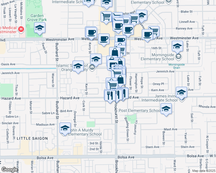 map of restaurants, bars, coffee shops, grocery stores, and more near 14441 Brookhurst Street in Garden Grove