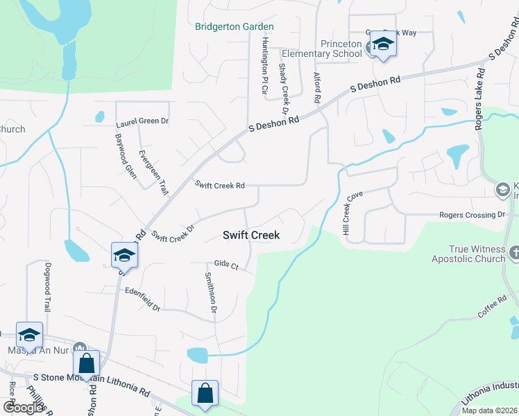 map of restaurants, bars, coffee shops, grocery stores, and more near 6535 Swift Creek Drive in Lithonia
