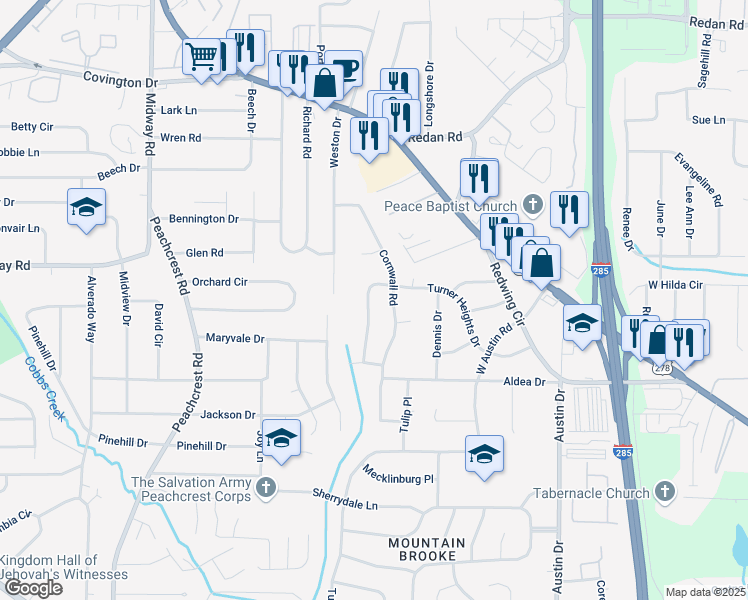 map of restaurants, bars, coffee shops, grocery stores, and more near 3571 Turner Heights Drive in Decatur