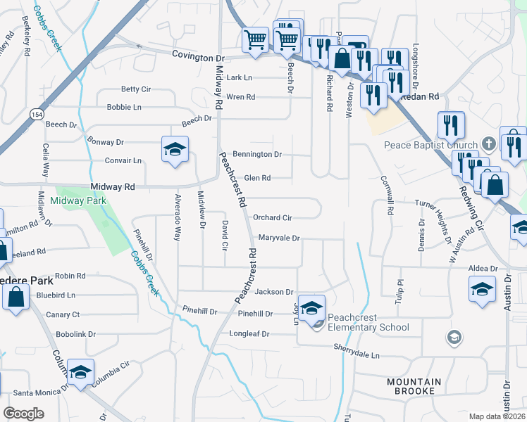 map of restaurants, bars, coffee shops, grocery stores, and more near 3633 Orchard Circle in Decatur