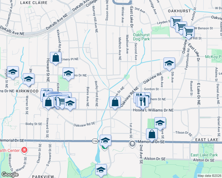 map of restaurants, bars, coffee shops, grocery stores, and more near 2238 Ridgedale Road Northeast in Atlanta