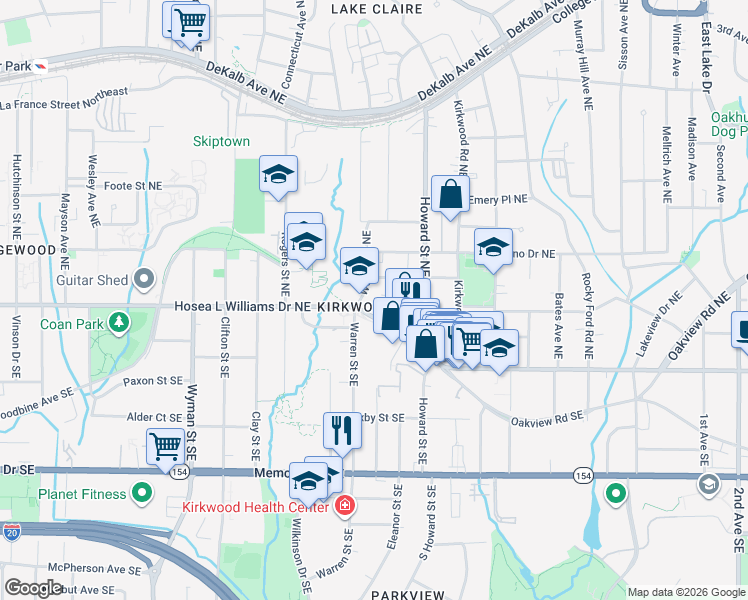 map of restaurants, bars, coffee shops, grocery stores, and more near 1892 Hosea L Williams Drive Northeast in Atlanta