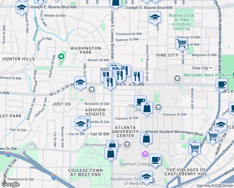 map of restaurants, bars, coffee shops, grocery stores, and more near 897 Drummond Street Southwest in Atlanta