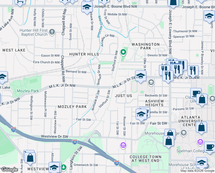 map of restaurants, bars, coffee shops, grocery stores, and more near 1226 Martin Luther King Junior Drive Northwest in Atlanta