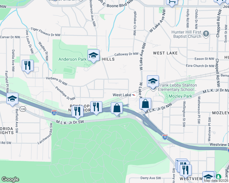 map of restaurants, bars, coffee shops, grocery stores, and more near 211 Penelope Drive Northwest in Atlanta