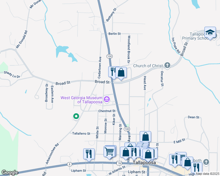map of restaurants, bars, coffee shops, grocery stores, and more near 438 Bowdon Street in Tallapoosa