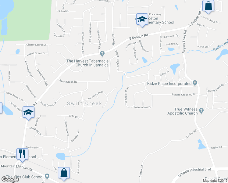 map of restaurants, bars, coffee shops, grocery stores, and more near 1322 Sandybrook Court in Lithonia