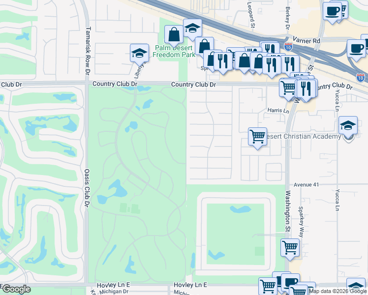 map of restaurants, bars, coffee shops, grocery stores, and more near 40657 Preston Trail in Palm Desert