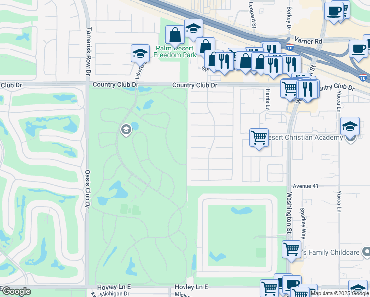 map of restaurants, bars, coffee shops, grocery stores, and more near 40747 Preston Trail in Palm Desert