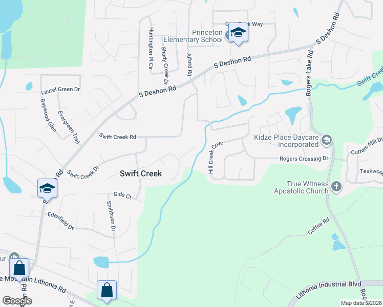 map of restaurants, bars, coffee shops, grocery stores, and more near 6614 Rebecca Lou Lane in Lithonia