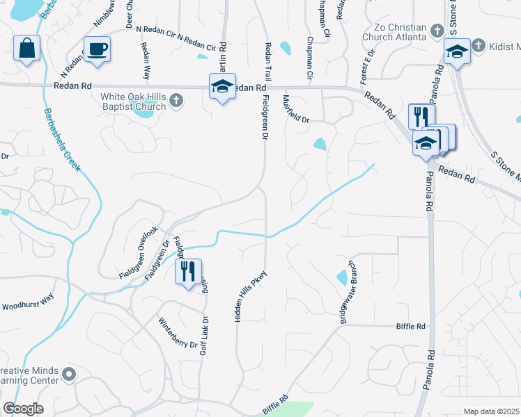 map of restaurants, bars, coffee shops, grocery stores, and more near 1329 Hidden Hills Parkway in Stone Mountain