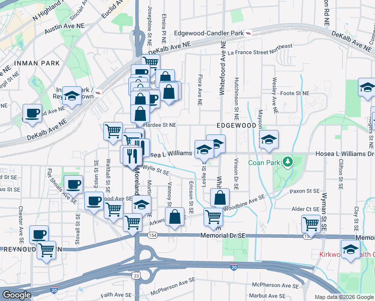 map of restaurants, bars, coffee shops, grocery stores, and more near 1304 Hosea L Williams Drive Northeast in Atlanta