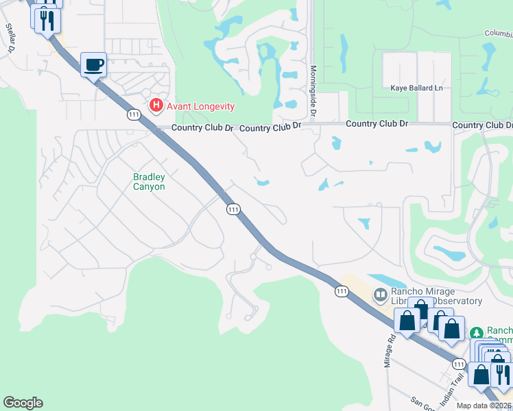 map of restaurants, bars, coffee shops, grocery stores, and more near 70801 Fairway Drive in Rancho Mirage