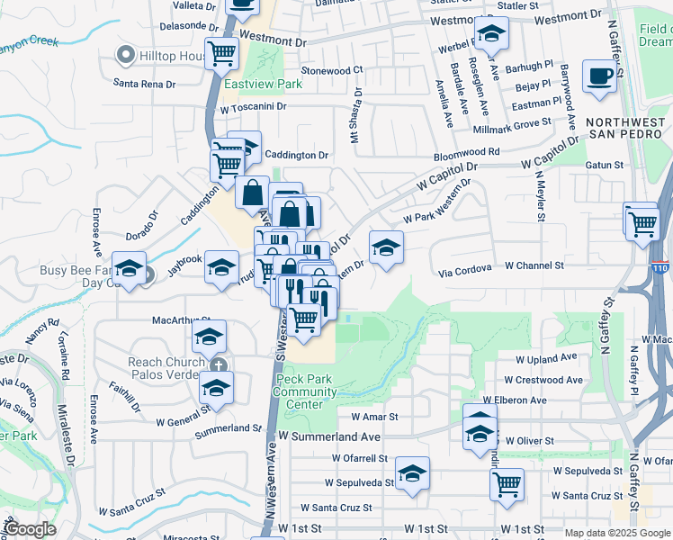 map of restaurants, bars, coffee shops, grocery stores, and more near 1326 West Park Western Drive in Los Angeles