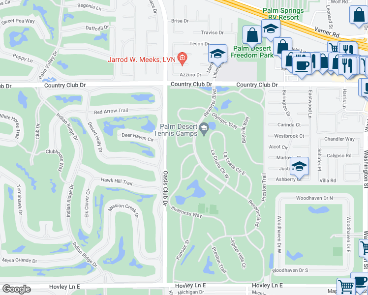 map of restaurants, bars, coffee shops, grocery stores, and more near 40553 Pebble Beach Circle in Palm Desert
