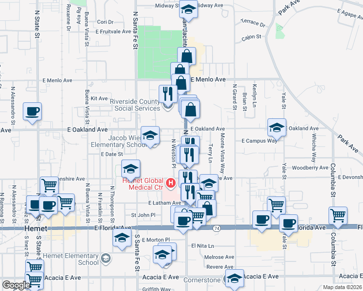 map of restaurants, bars, coffee shops, grocery stores, and more near 397 East Date Street in Hemet