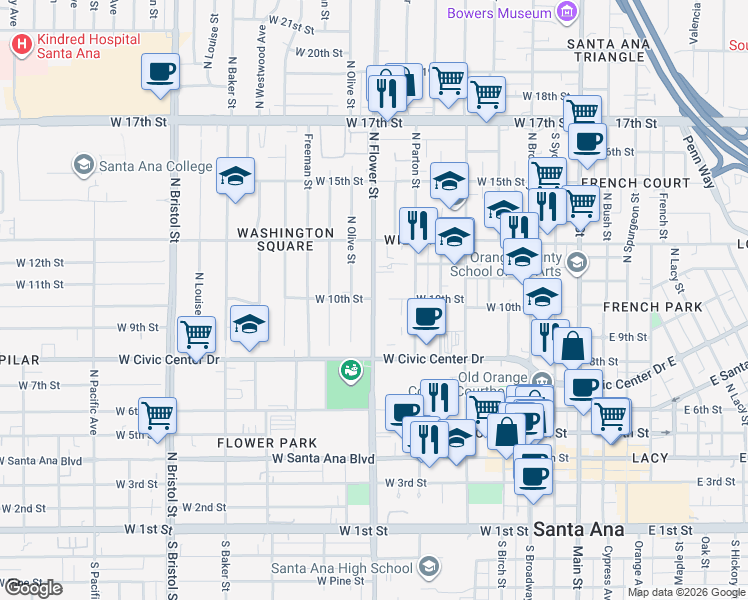 map of restaurants, bars, coffee shops, grocery stores, and more near 842 North Garnsey Street in Santa Ana