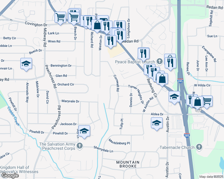 map of restaurants, bars, coffee shops, grocery stores, and more near 3571 Turner Heights Drive in Decatur