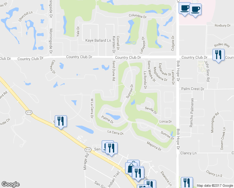 map of restaurants, bars, coffee shops, grocery stores, and more near 42 La Cerra Drive in Rancho Mirage