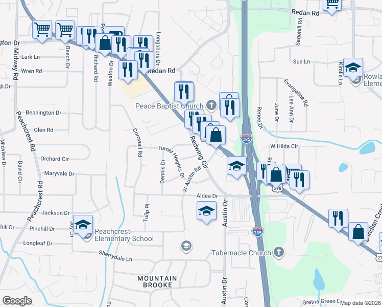 map of restaurants, bars, coffee shops, grocery stores, and more near 3723 Loren Drive in Decatur