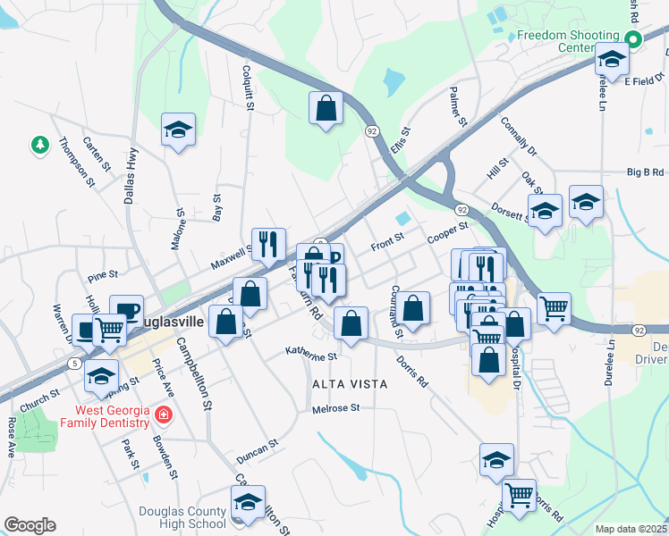 map of restaurants, bars, coffee shops, grocery stores, and more near 8316 Grady Street in Douglasville
