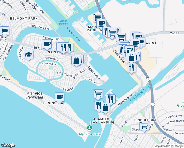 map of restaurants, bars, coffee shops, grocery stores, and more near 6010 Appian Way in Long Beach