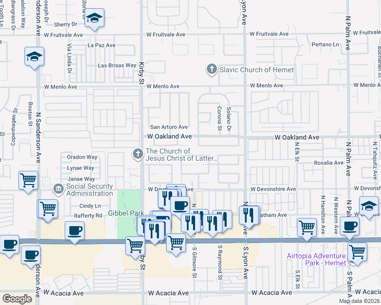 map of restaurants, bars, coffee shops, grocery stores, and more near 2126 Avenida Olivos in Hemet