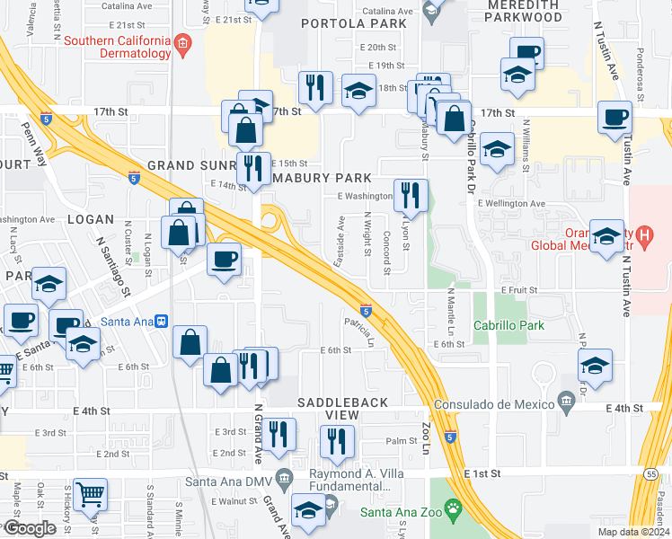 map of restaurants, bars, coffee shops, grocery stores, and more near 1202 East Stafford Street in Santa Ana