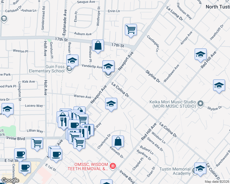 map of restaurants, bars, coffee shops, grocery stores, and more near 12544 Cay Street in Tustin