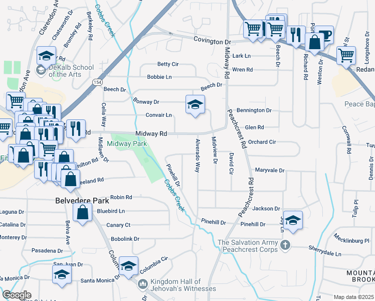 map of restaurants, bars, coffee shops, grocery stores, and more near 1380 Sandy Lane in Decatur