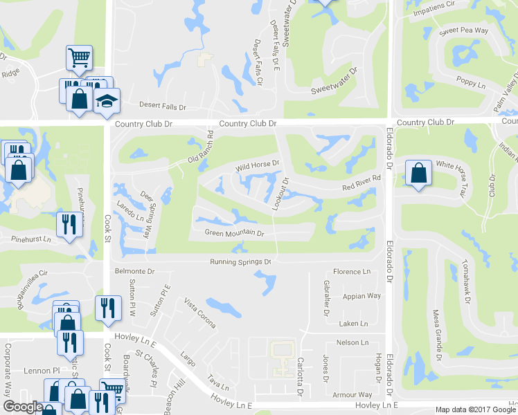 map of restaurants, bars, coffee shops, grocery stores, and more near 287 Wild Horse Drive in Palm Desert