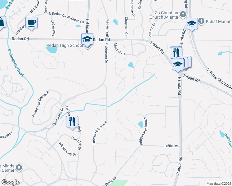 map of restaurants, bars, coffee shops, grocery stores, and more near 1356 Muirforest Way in Stone Mountain