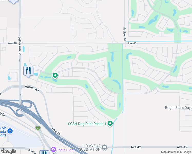 map of restaurants, bars, coffee shops, grocery stores, and more near 80726 Avenida Santa Carmen in Indio