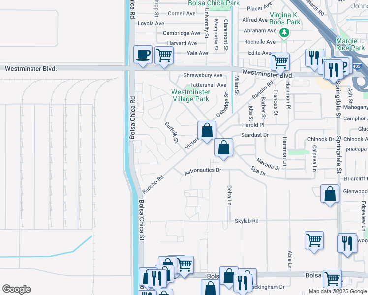 map of restaurants, bars, coffee shops, grocery stores, and more near 5271 Victoria Place in Westminster