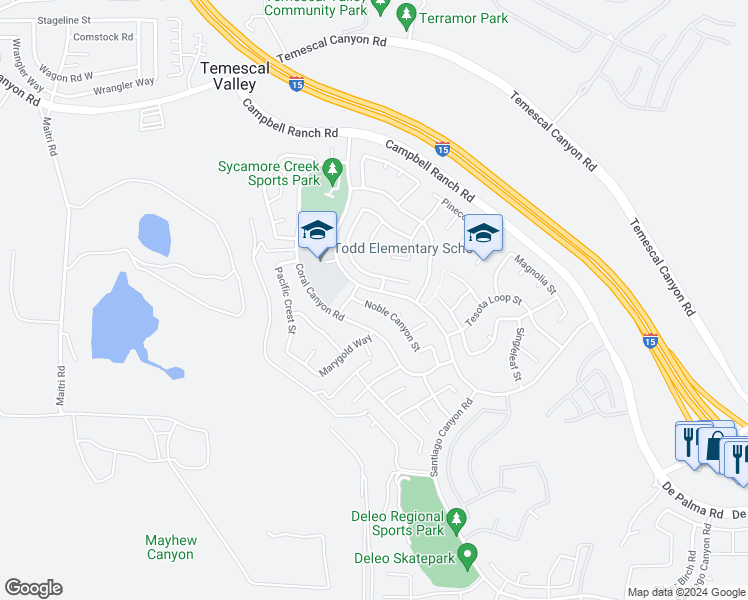 map of restaurants, bars, coffee shops, grocery stores, and more near 25210 Noble Canyon Street in Corona