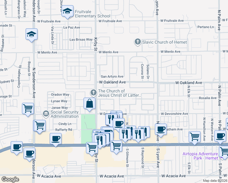 map of restaurants, bars, coffee shops, grocery stores, and more near 2254 Corinto Court in Hemet