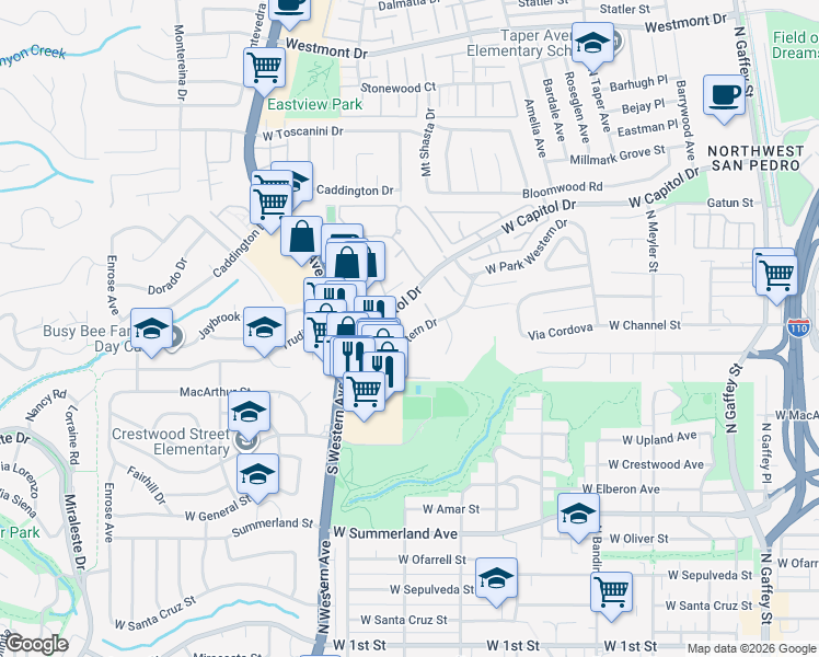 map of restaurants, bars, coffee shops, grocery stores, and more near 1326 West Park Western Drive in Los Angeles